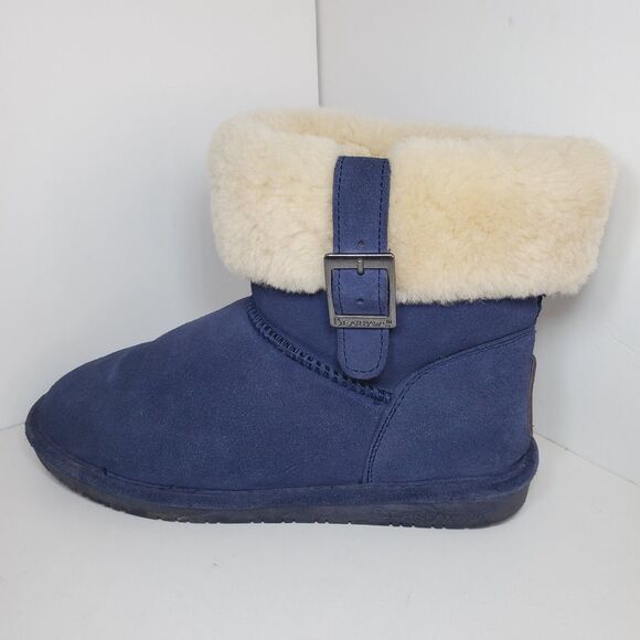BearPaw Boots Womens 7 Abby Short Shearling Blue Suede Leather Pull On Wool - Picture 1 of 8